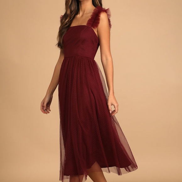 Lulus Divine Invitation Burgundy Tulle Swiss Dot Ruffled Midi Dress Red - Size S - Picture 1 of 3